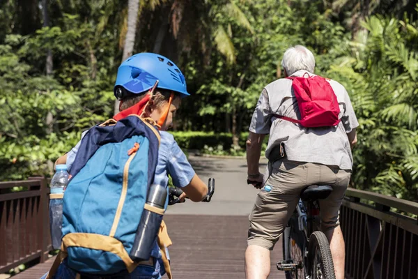 Back View Boy Grandfather Riding Bicycles Park — Stock Photo, Image