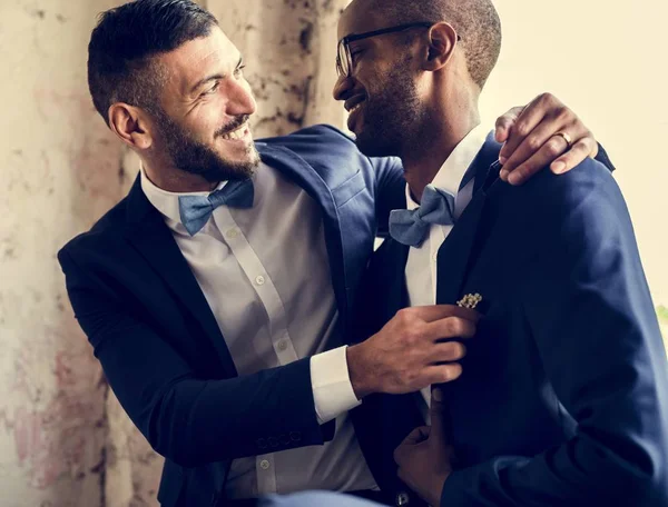 Gay Couple Navy Blue Tuxedo Sitting Together — Stock Photo, Image