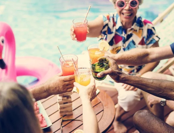 Group Diverse Senior Adult Enjoying Beverage Pool Together — Stock Photo, Image