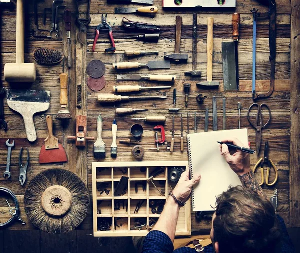 Aerial View Carpenter Man Working Tools Equipment Set — Stock Photo, Image