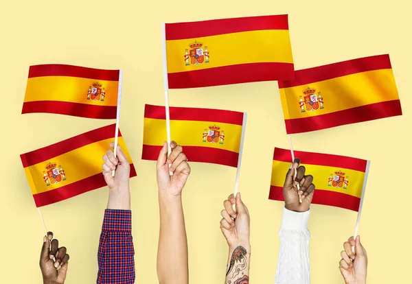 Händer Vifta Med Flaggor Spanien — Stockfoto