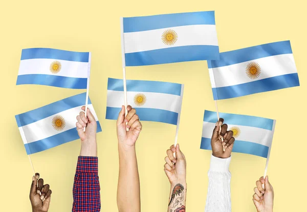 Hände Schwenken Die Fahnen Argentiniens — Stockfoto