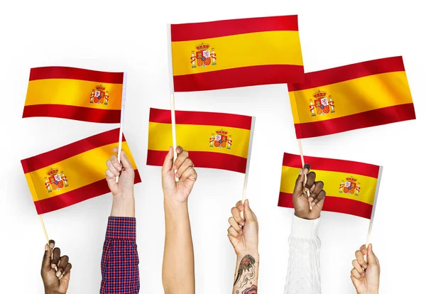 Manos Ondeando Las Banderas España —  Fotos de Stock