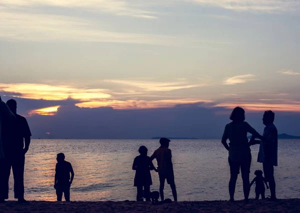 Silueta Vista Trasera Las Personas Pie Puesta Sol Playa Juntos —  Fotos de Stock