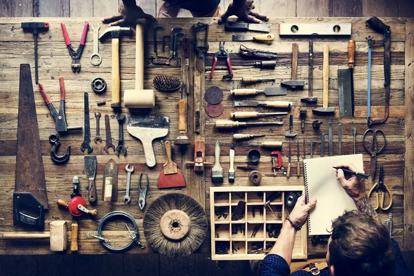 木匠人的鸟瞰与工作工具设备集合 — 图库照片