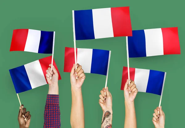 Händer Vifta Med Flaggor Frankrike — Stockfoto