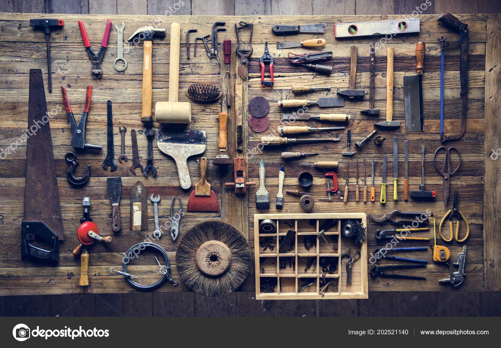 Aerial View Carpenter Tools Equipment Set Wooden Table Stock Photo Rawpixel 202521140