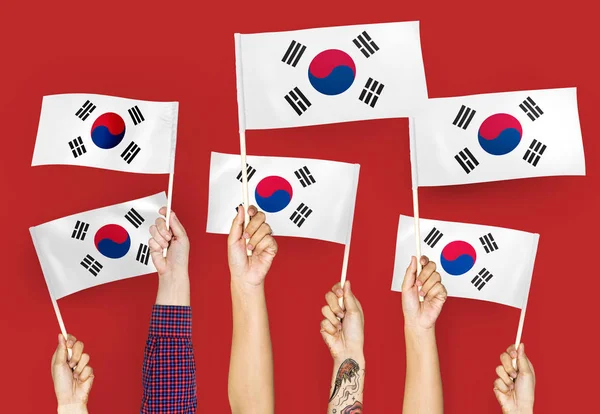 Руки Размахивающие Флагами Южной Кореи — стоковое фото