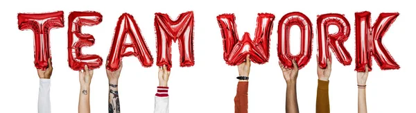 Rote Alphabet Heliumballons Bilden Das Text Teamwork — Stockfoto