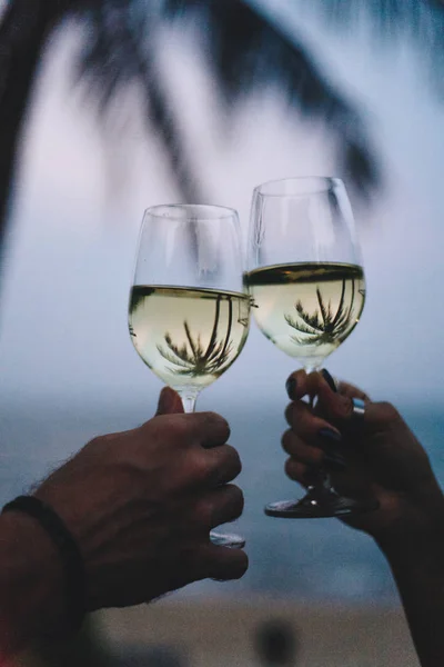 Beber Vinho Uma Praia Tropical — Fotografia de Stock