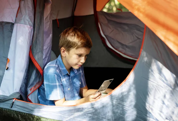 Little Boy Looking Instant Photo Sitting Tent — Stock Photo, Image