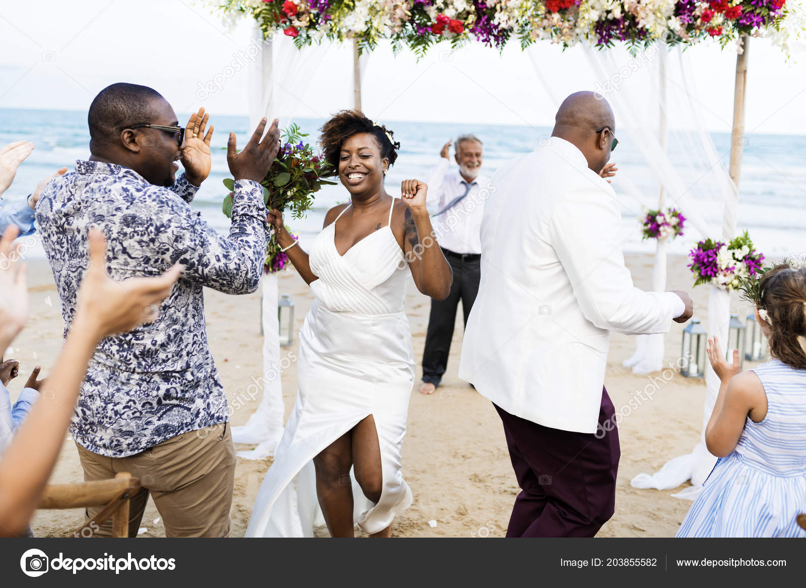 African American Couple Dancing Wedding Ceremony Beach Stock Photo