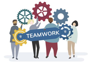 İllüstrasyon karikatür dişli ekip çalışması kavramı tasvir ile karakteri