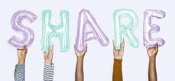 Paylaşım Balonlar Kelime Gösteren Eller — Stok fotoğraf