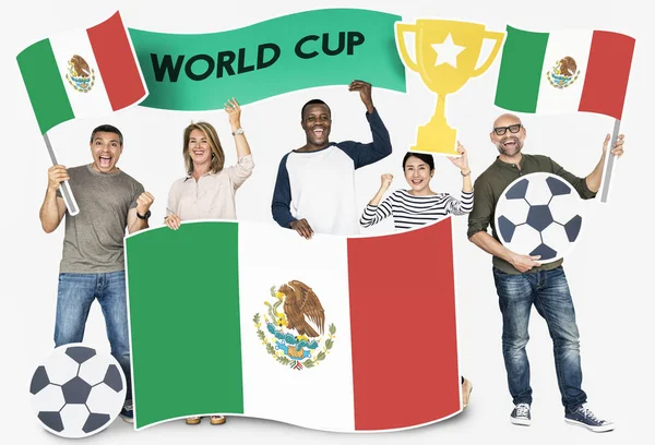 Diverse Football Fans Holding Flag Mexico — Stock Photo, Image