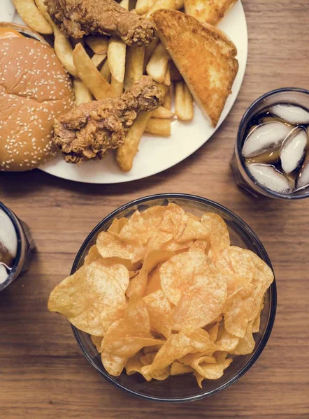 Top View Unhealthy Fast Food Coke Wooden Table — Stock Photo, Image