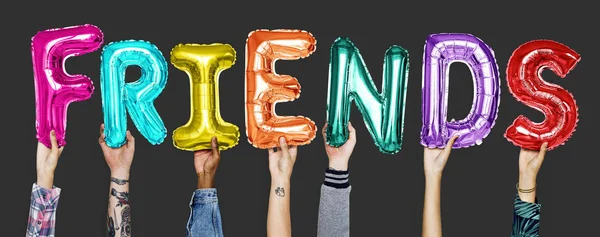 Hands Showing Friends Balloons Word — Stock Photo, Image