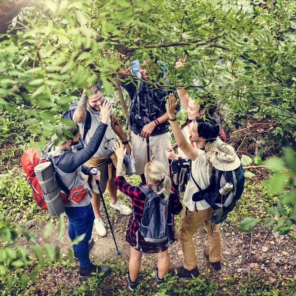 Trekking Juntos Uma Floresta — Fotografia de Stock