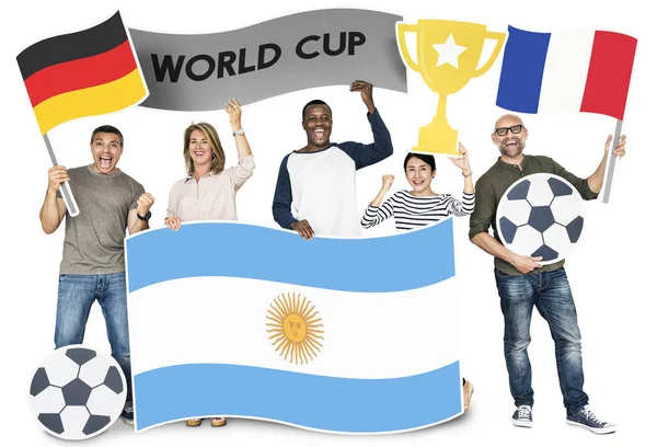 Diverse Football Fans Holding Flags Argentina Germany France — Stock Photo, Image