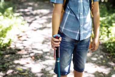 Çocuk bir orman yoluyla hiking