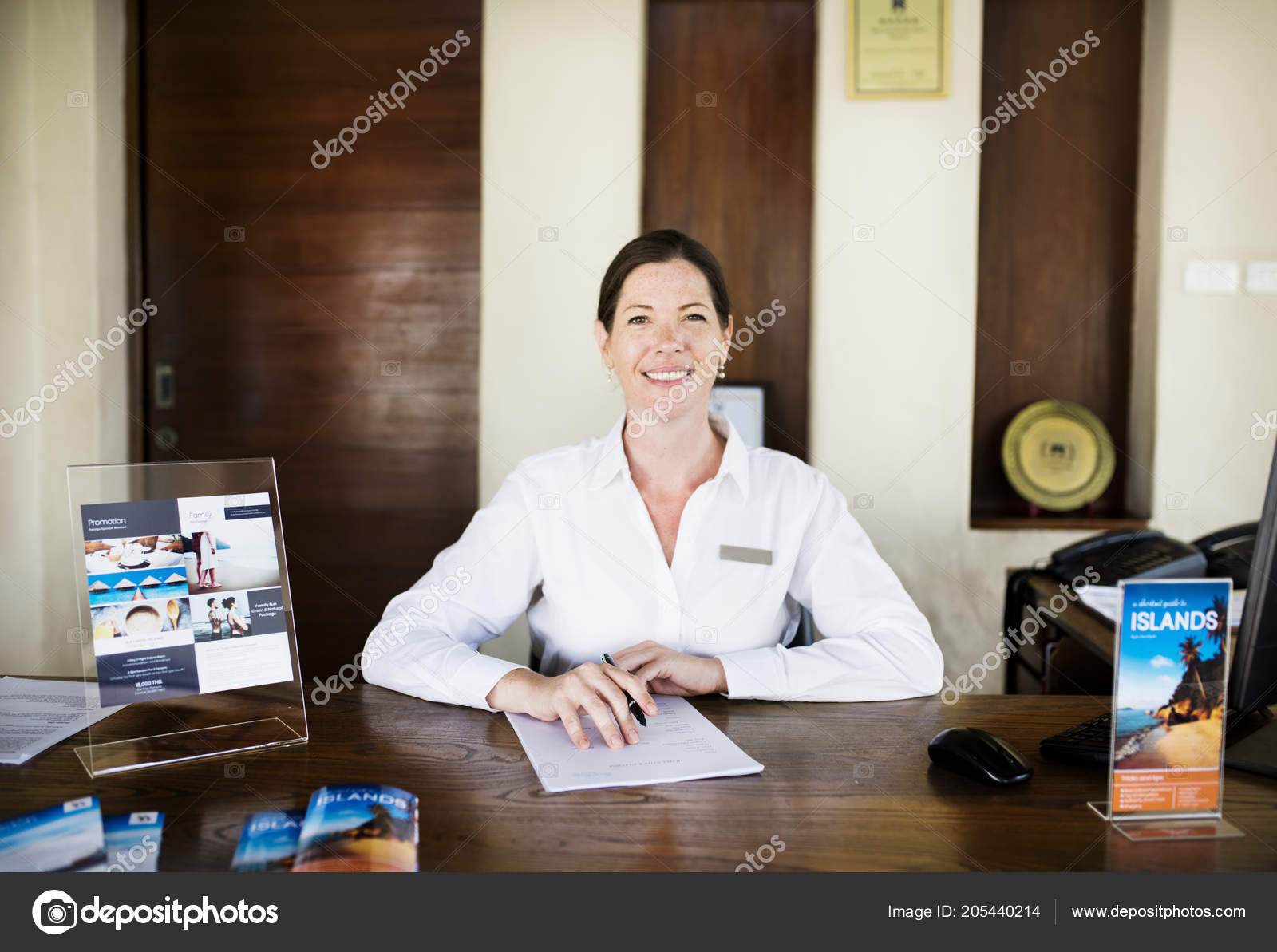 Female Receptionist Working Front Desk Stock Photo C Rawpixel