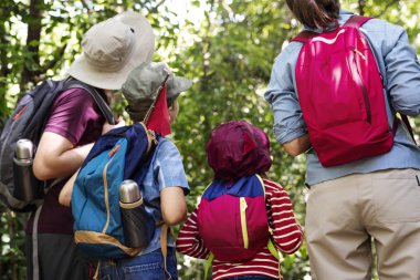 Arkadan Görünüş aile yürüyüşçü üzerinde uzak ormanda seyir sırt çantaları ile