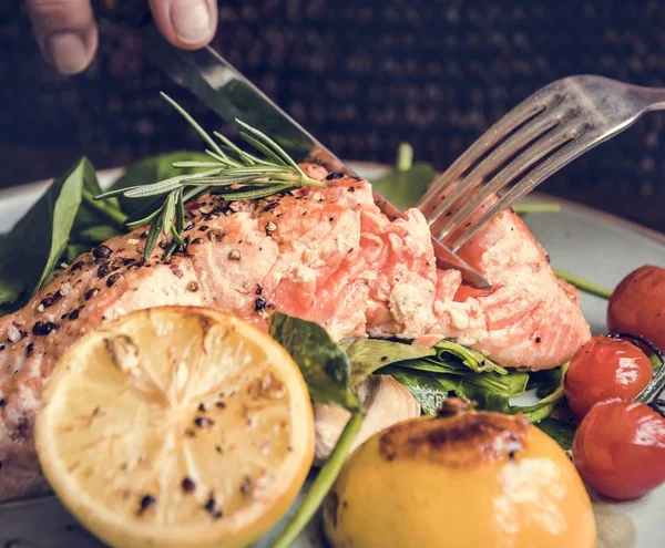 Gebackener Lachs Lebensmittel Fotografie Rezeptidee — Stockfoto