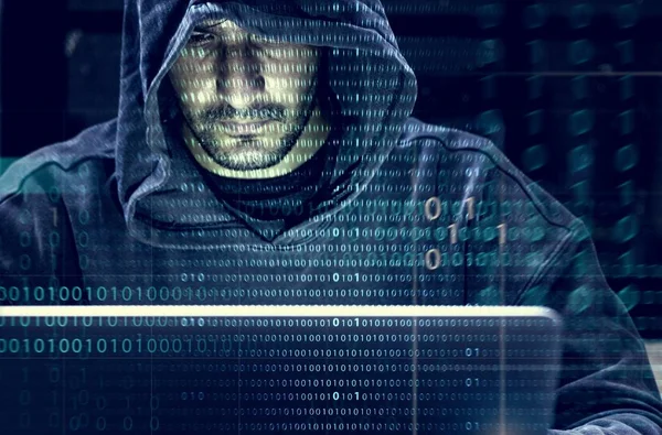 Hacker Trabalhando Cibercrime Computador — Fotografia de Stock