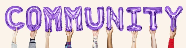 Purple Alphabet Balloons Forming Word Community — Stock Photo, Image