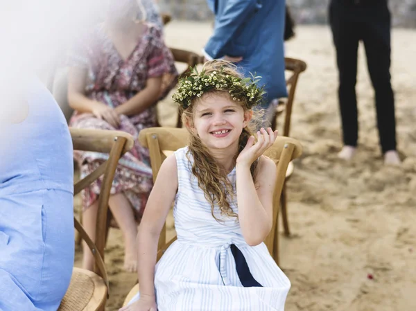 Beautiful Little Flower Girl Looking Camera Beach Wedding — Stock Photo, Image