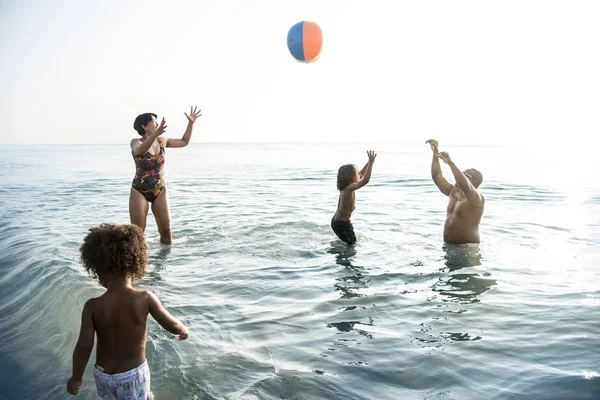 Familie Spielt Mit Ball Meer Vor Sonnenuntergang — Stockfoto