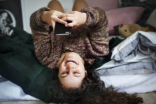 Teenage Girl Using Smartphone Bed Social Media Addiction Concept — Stock Photo, Image