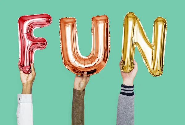 Bunte Alphabet Luftballons Formen Das Wort Spaß — Stockfoto