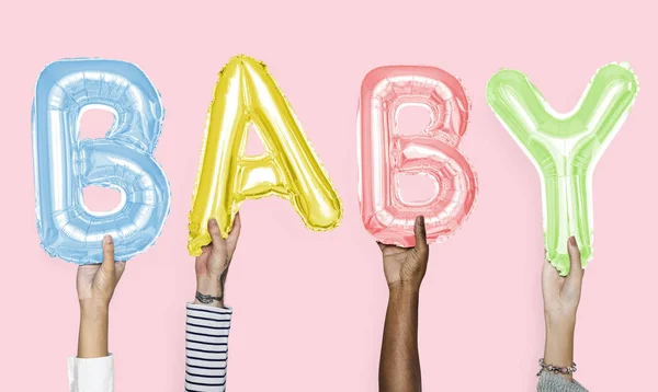 Manos Mostrando Palabra Globos Bebé — Foto de Stock