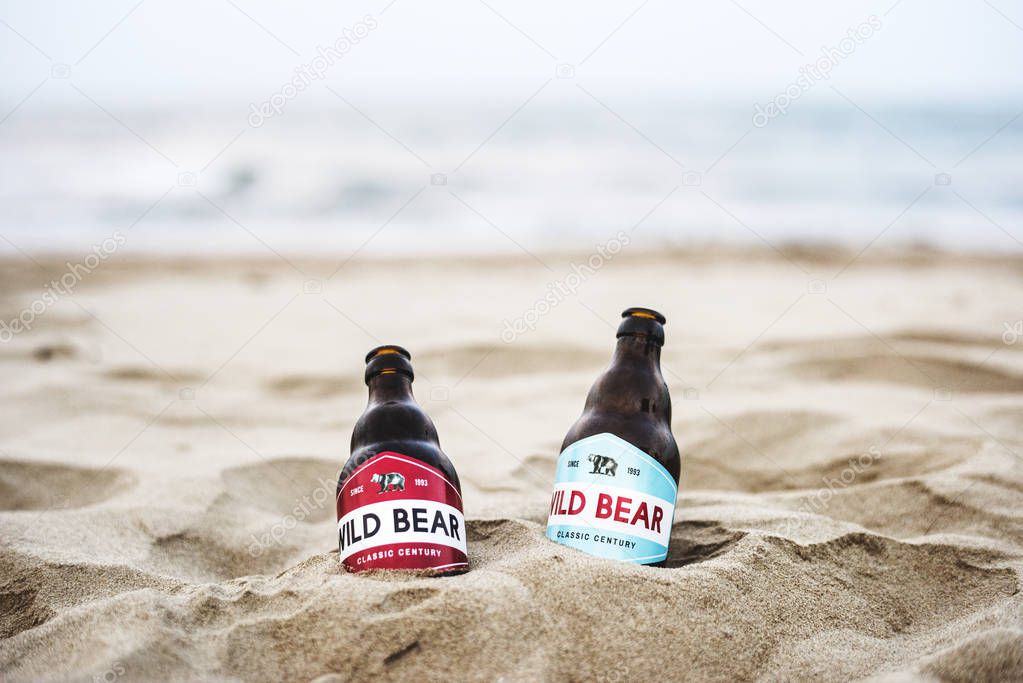 Two beer bottles buried in the sand