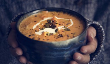 Bir kâse çorba gıda fotoğraf tarifi fikir tutan kadın