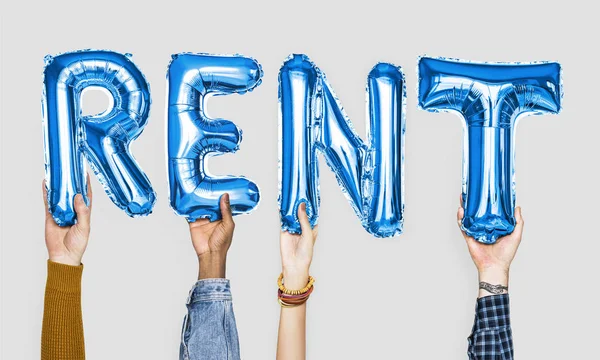 Balões Alfabeto Azul Formando Palavra Rent — Fotografia de Stock