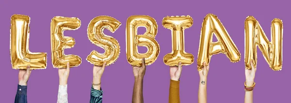 Yellow Gold Alphabet Balloons Forming Word Lesbian — Stock Photo, Image