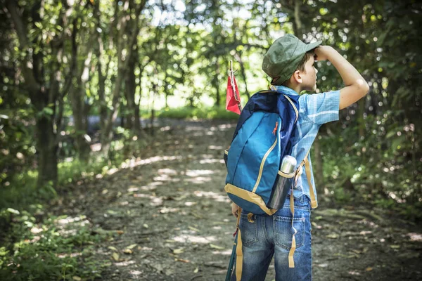 Little Boy Hiking Forest Backpack Red Flag Looking Distance — Stock Photo, Image