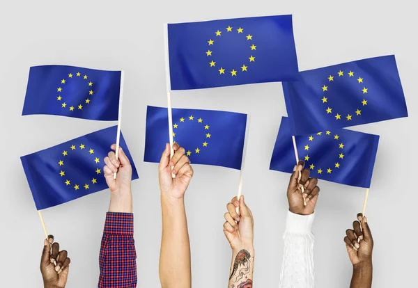 Hands Waving Flags Europeanunion — Stock Photo, Image