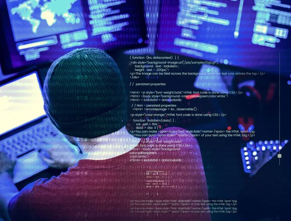 Hacker Trabalhando Cibercrime Computador — Fotografia de Stock