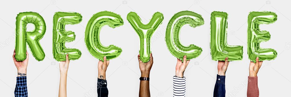Hands showing recycle balloons word