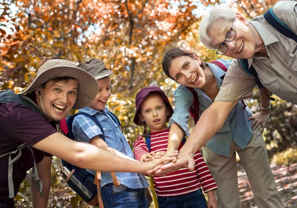 Familjen Stapling Händer Som Ett Team Skogen — Stockfoto