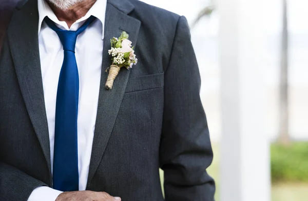 Closeup Groom Boutonni Egrave Suit Lapel — Stock Photo, Image