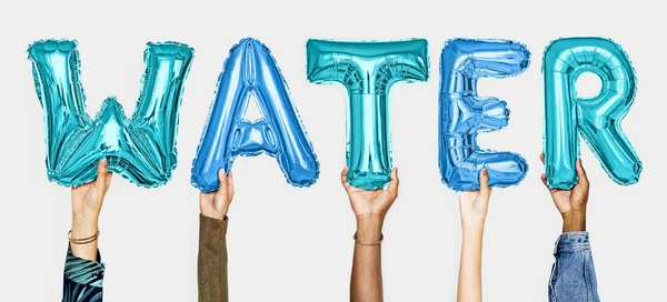 Manos Mostrando Palabra Globos Agua — Foto de Stock