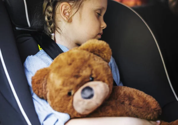 Little Girl Sleeping Teddy Bear Child Safety Seat Car — Stock Photo, Image