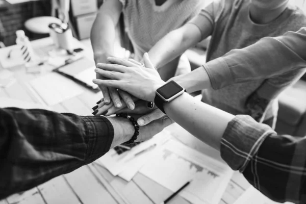 Workers Stacking Hands Table — Stock Photo, Image