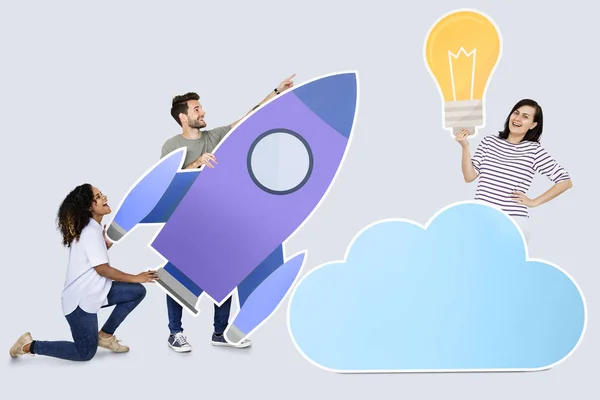 Cloud Lagring Och Innovation Konceptet Skjuta Featuring Raket Ikon — Stockfoto