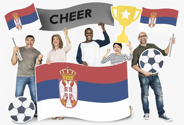 Diverse Football Fans Holding Flag Serbia — Stock Photo, Image