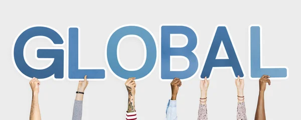 Hände Die Blaue Buchstaben Hochhalten Die Das Wort Global Bilden — Stockfoto
